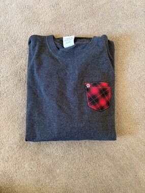 Simply Southern Women's Long Sleeve Tee - Charcoal with Red Plaid Pocket